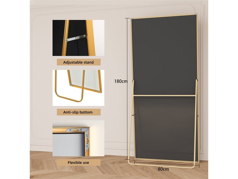  Miroir sur pied 180x80cm - miroir grand format en verre trempé avec cadre en aluminium - doré  - Conforama E