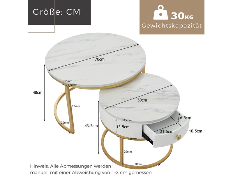 Lot de 2 tables basses gigognes rondes 70x70x48 cm mdf blanc brillant  - Conforama C