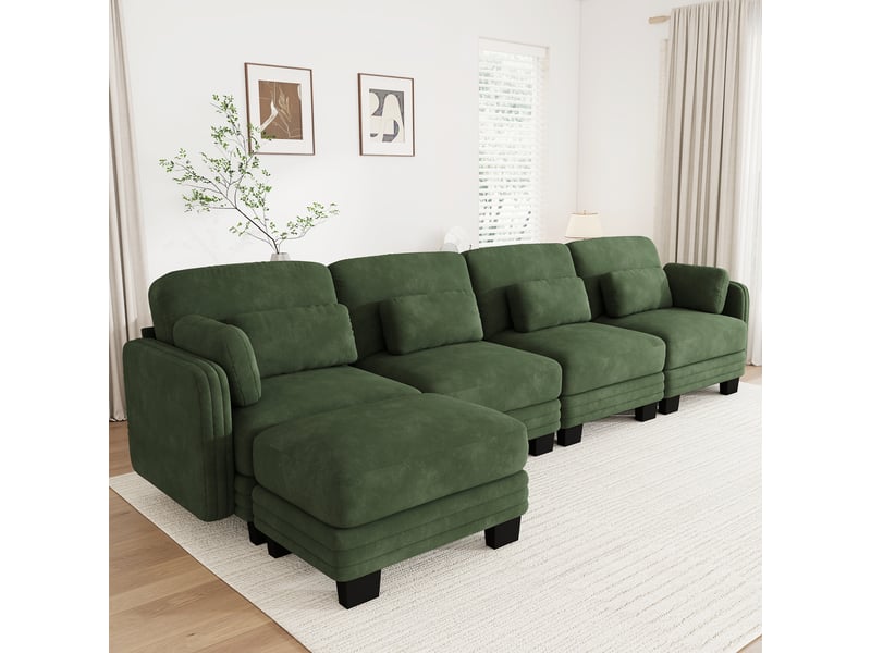 Canapé d’angle modulable 330 cm 4 places avec pouf, coussins d’accoudoir amovibles, coussins lombaires épais à soutien renforcé, chenille, vert - Conforama B