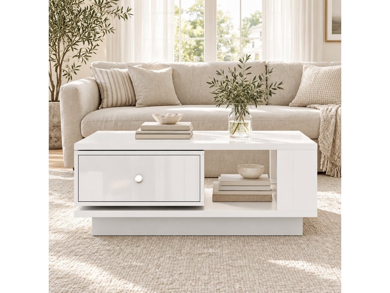  Table basse blanche avec tiroir pivotant, niche ouverte et finition brillante  - Conforama B