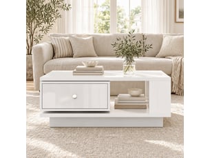 Table basse blanche avec tiroir pivotant, niche ouverte et finition brillante