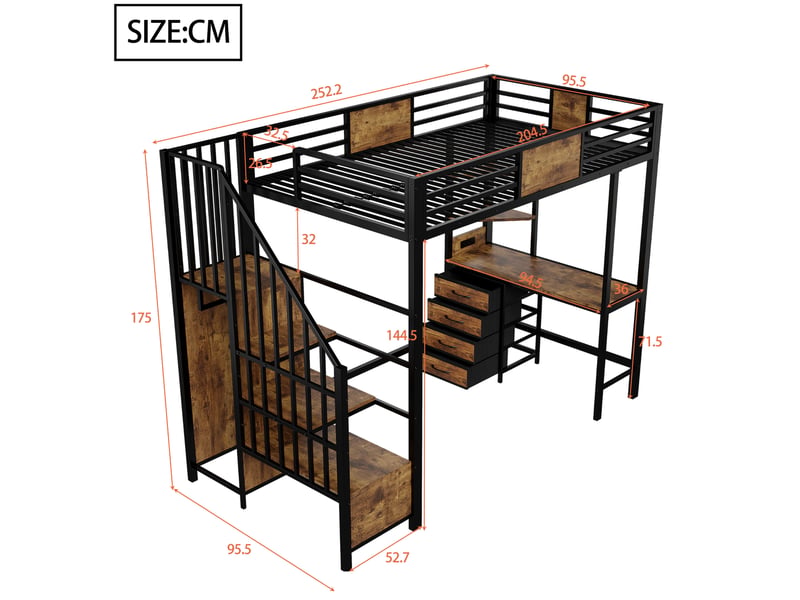  Lit mezzanine 90x200 cm noir avec bureau, rangements, led et prise intégrée  - Conforama C