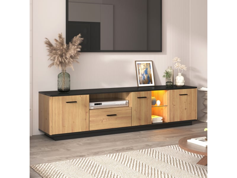 Meuble tv avec led – 1 tiroir, 3 portes, 2 compartiments ouverts en verre – meuble bas tv en bois noir et effet chêne naturel – éclairage led 15 couleurs – design moderne  - Conforama C
