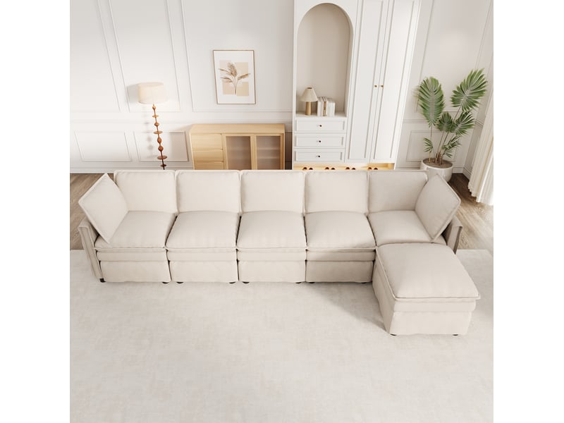 Canapé modulable modenvie xxl 6 places avec fonction couchage, configuration en u ou l, pouf mobile, chenille beige, 344 x 127 x 91 cm - Conforama D