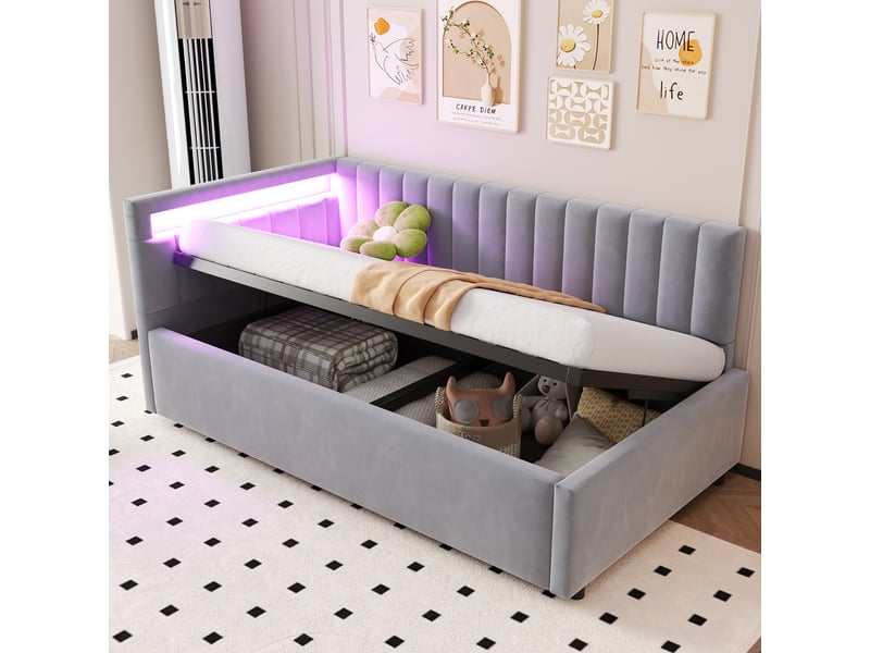  Lit banquette enfant coffre 90 x 200 cm avec led et rangement hydraulique, velours gris clair Fay Lum - Conforama B