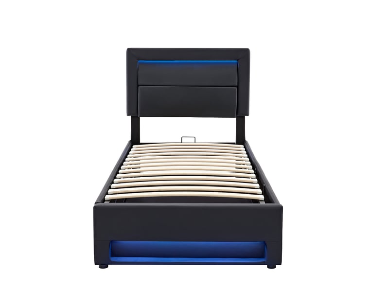 Lit coffre rembourré 90x190 cm pu noir motif litchi avec led usb charge sans fil rangement moderne - Conforama A