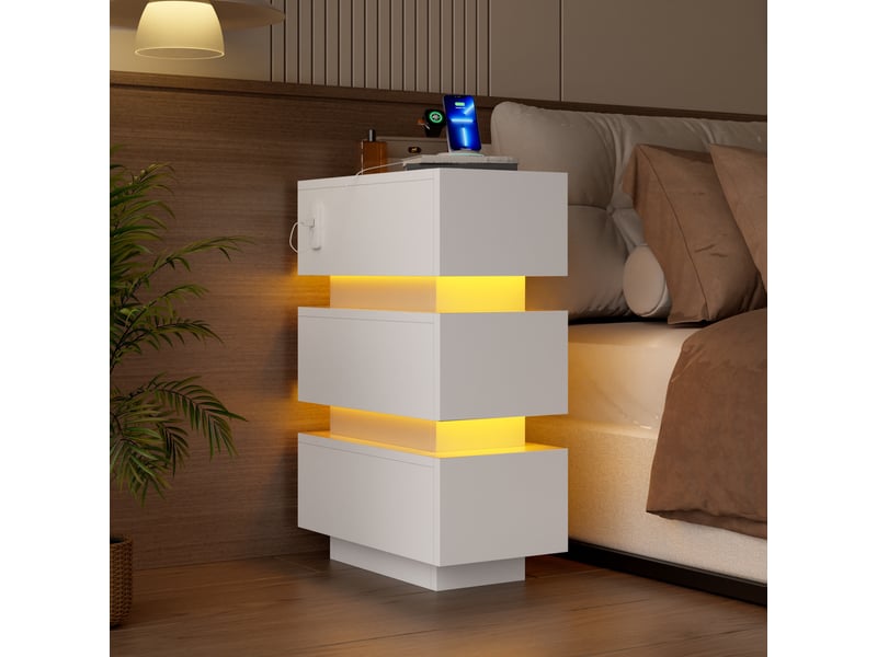  Lot de 2 tables de chevet - 40 x 20 x 59,5 cm - tables de chevet étroites avec éclairage led et ports usbtype-c - blanc  - Conforama B