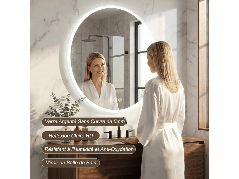  Miroir de salle de bain rond led 80 cm, lumineux, mural, anti-buée, 3 couleurs de lumière  - Conforama D