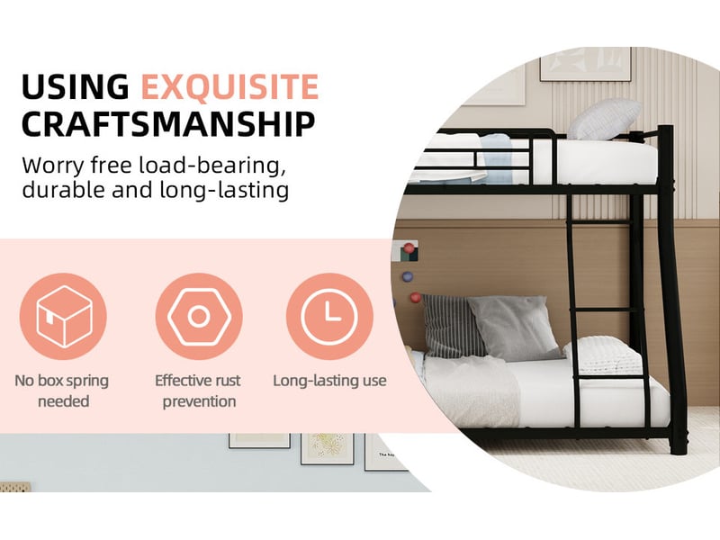  Lit superposé 90 × 190 cm et 140 × 190 cm 2 places avec échelle et barrières, sans matelas, en métal noir  - Conforama E