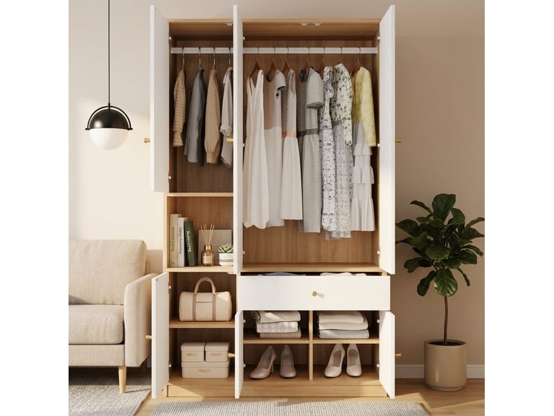 Armoire 120x50x200 cm 6 portes, 2 tringles, tiroir, blanc et effet bois - Conforama E