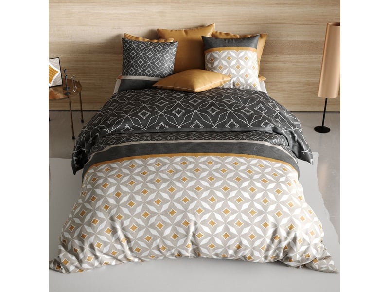  Parure housse de couette 240x220cm + 2 taies motif graphique taupe et jaune 100% coton - orlado ORLADO - Conforama C