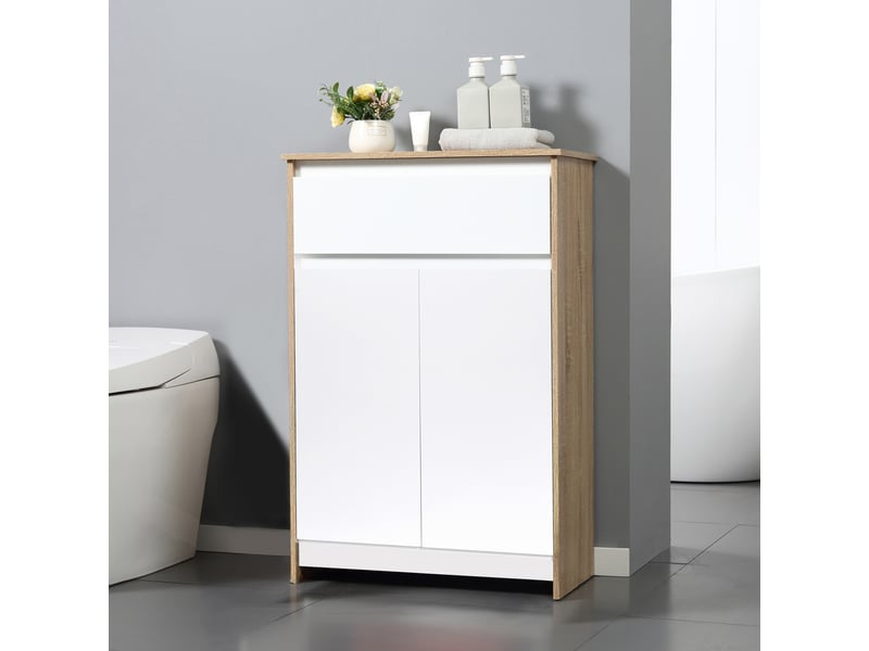 Meuble de salle de bain multifonctionnel, avec placard et tiroir, gain de place, bois et blanc, 60 x 30 x 90 cm - Conforama D