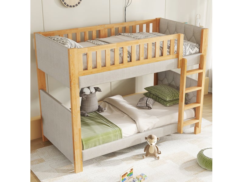  Lit superposé enfant 90x200 cm, structure de lit avec escalier droit 4 marches, sommier, bois mdf, gris, sans matelas  - Conforama D