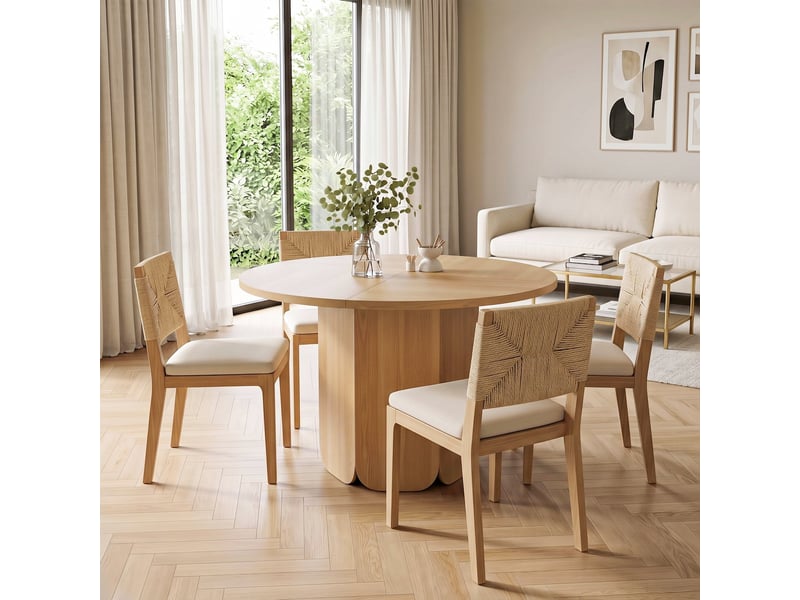  Ensemble table ronde 120 cm + 4 chaises de salle à manger, style scandinave &amp; mid-century, rotin cannage, assise lin beige  - Conforama D