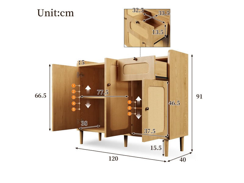  Buffet en rotin et effet chêne, commode 3 portes et 1 tiroir, meuble de rangement 120 cm (sans matelas).  - Conforama E