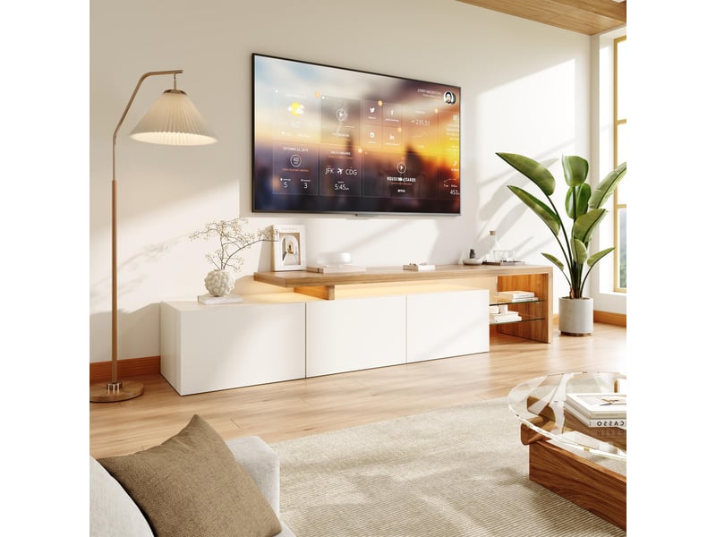  Meuble tv led - 200x39x42cm - design moderne - avec rangement, étagères verre &amp; éclairage multicolore - blanc et bois  - Conforama C