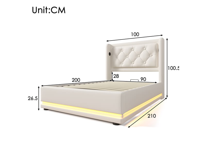 Lit coffre adulte 90x200 cm – blanc – rangement hydraulique, led 3 côtés, usb-c, avec matelas h3 - Conforama C