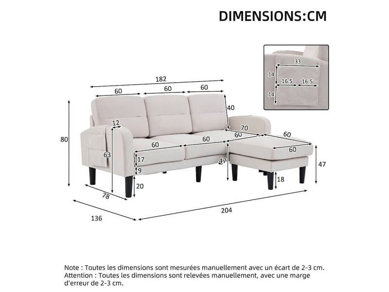 Canapé d'angle beige 3 places avec méridienne 204x136x80cm - modulable avec poches - Conforama C