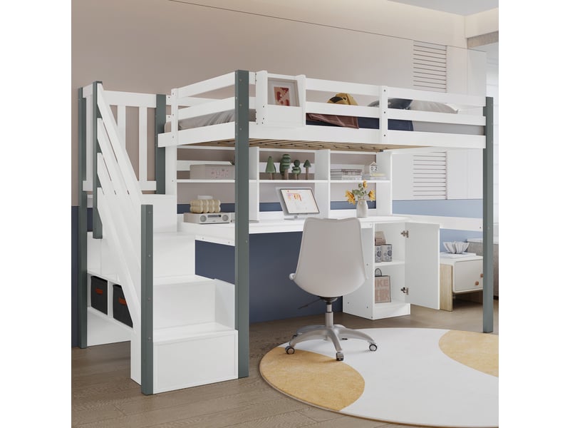  Lit mezzanine 90x200 cm avec bureau, lit enfant avec rangements escalier et bacs en tissu, structure en bois de pin massif et mdf, blanc  - Conforama B