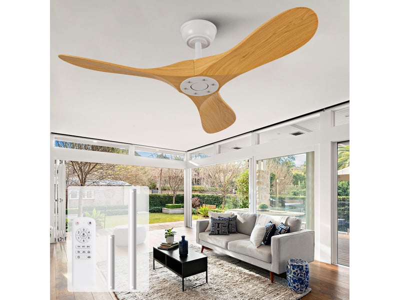  Ventilateur de plafond 107x107x38 cm avec télécommande 6 vitesses, 3 pales abs, moteur dc réversible, sans éclairage, blanc et naturel  - Conforama B