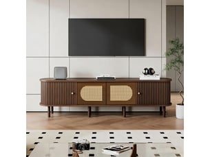 Meuble tv ovale 180x40x40 cm noyer foncé design rotin 2 portes 2 portes coulissantes meuble bas salon mdf pour tv jusquà 80 pouces