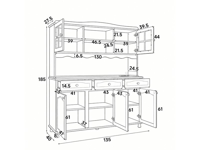 Buffet de cuisine 135 x 40 x 185 cm avec rangements, prises et led multicolore, panneau de particules gris - Conforama C