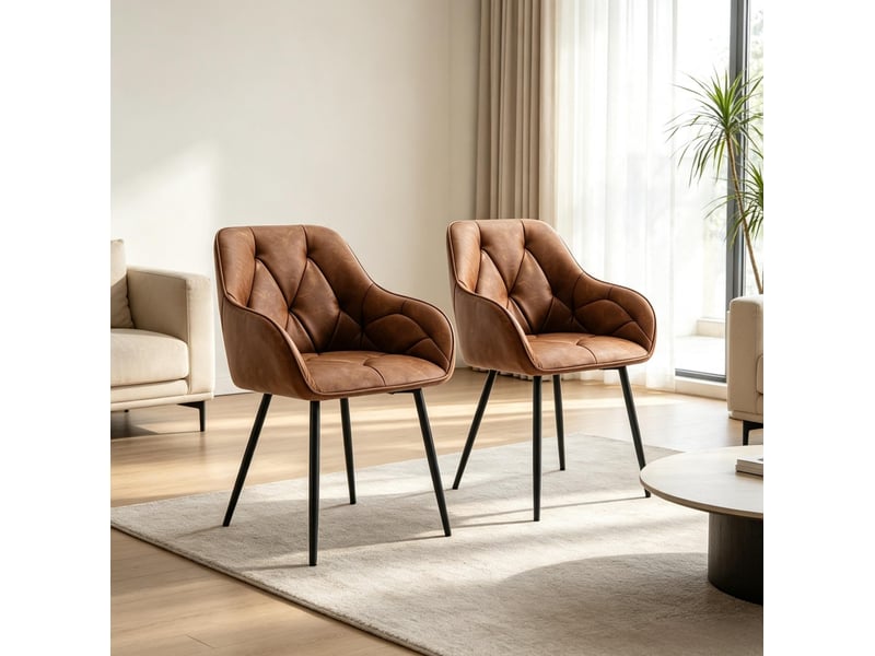  Chaise de salle à manger lot de 2 avec accoudoirs et dossier ergonomique en similicuir et métal marron  - Conforama E