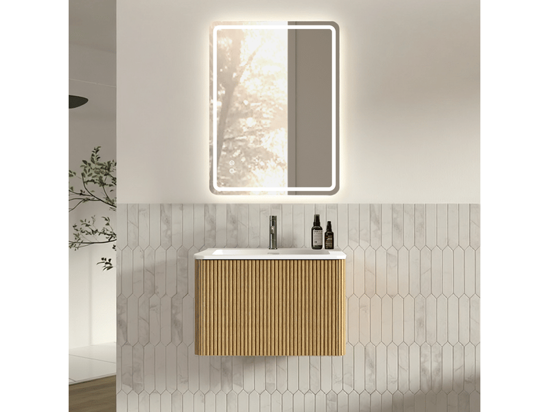  Meuble vasque suspendu 60 cm avec vasque intégrée en surface solide - miroir sans cadre 60 x 80 cm led  - Conforama E