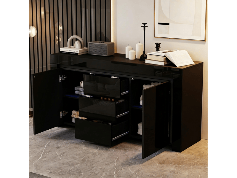  Buffet 140x40x65 cm, 2 portes, 3 tiroirs, éclairage led, design moderne, mdf noir, finition laquée brillante, rangement  - Conforama D