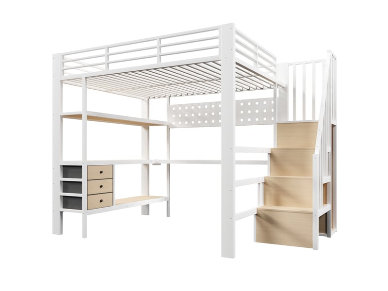  Lit mezzanine métal blanc 140x200 cm avec bureau led tiroir panneau perforé prise  - Conforama D