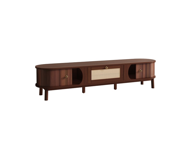 Meuble tv 170x39,5x38 cm avec portes et tiroir en rotin bois naturel