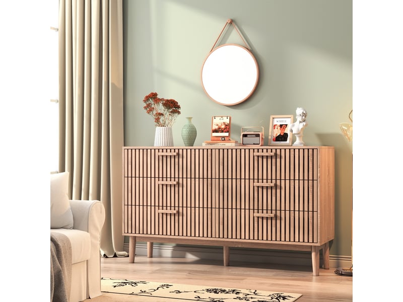  Commode 6 tiroirs - 100x34x73cm - meuble de rangement en bois style scandinave avec façades à lattes et pieds - bois clair  - Conforama C