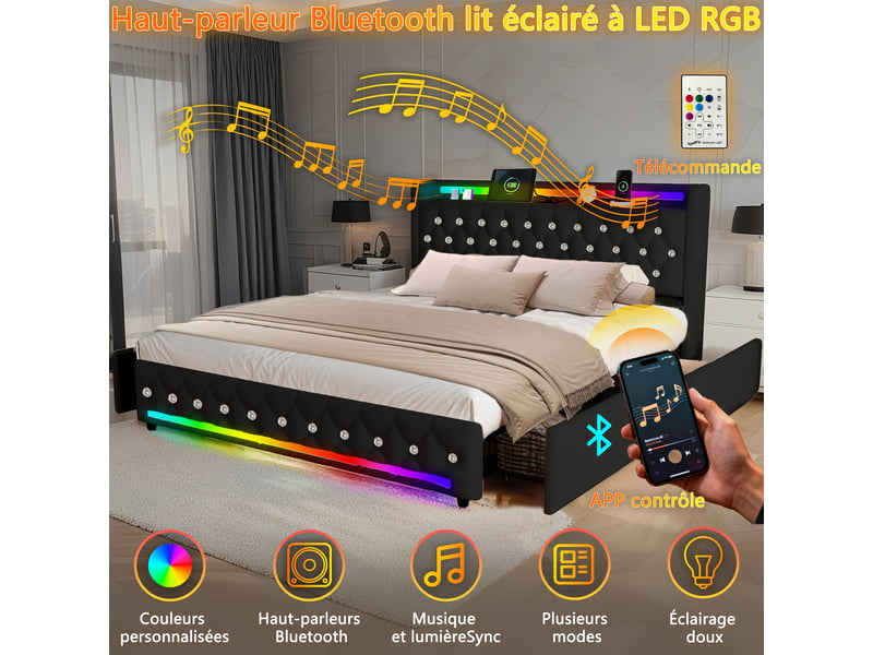  Lit 2 places 140x200 cm noir avec bluetooth, 4 tiroirs, led, ports usb+type-c sans matelas EBD852F-BK - Conforama W