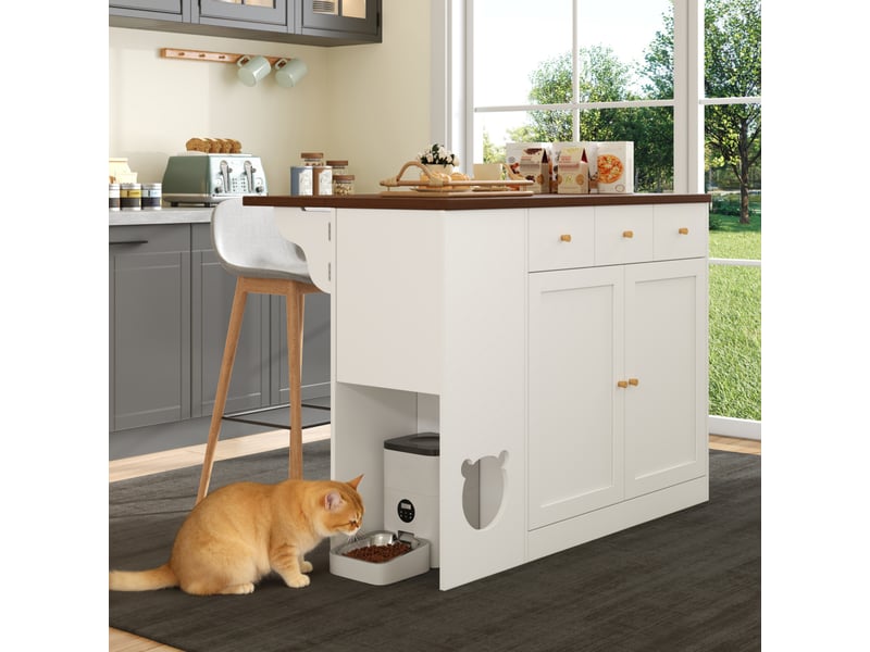  Îlot de cuisine avec plateau extensible et espace, meuble de rangement avec tiroirs et étagères, blanc et noyer, 120cm  - Conforama B