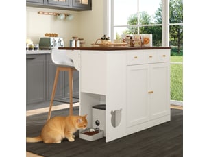 Îlot de cuisine avec plateau extensible et espace, meuble de rangement avec tiroirs et étagères, blanc et noyer, 120cm