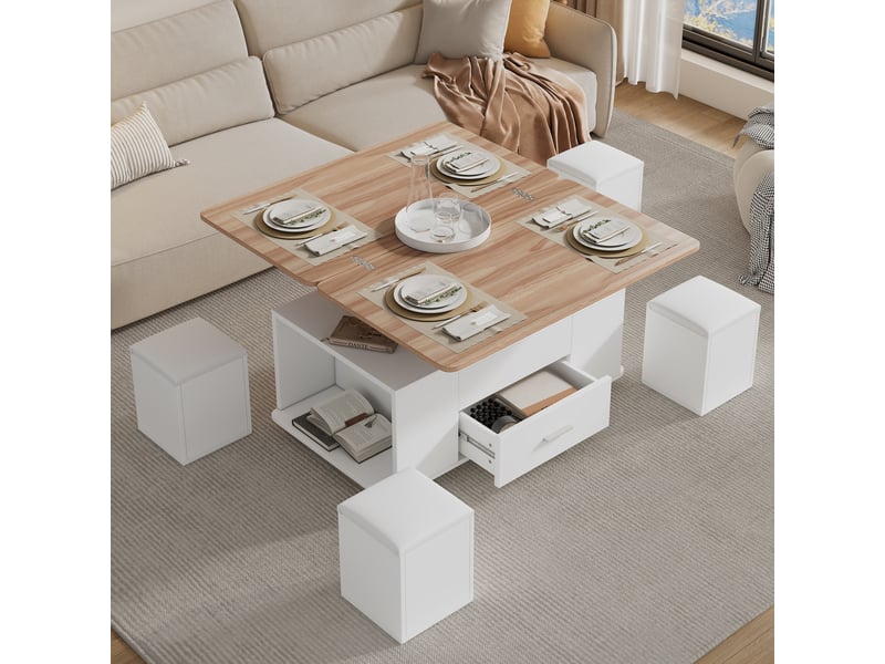 Table basse relevable et extensible 100x50cm avec 4 poufs de rangement, transformable en table à manger, blanc et bois - Conforama R