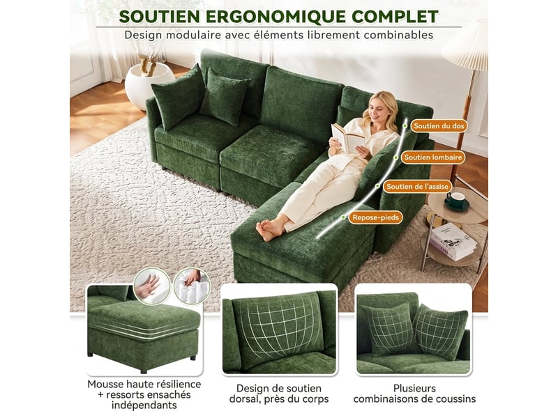 Canapé d'angle modulable 3-4 places avec pouf - tissu chenille vert - 216x161x81 cm - Conforama E