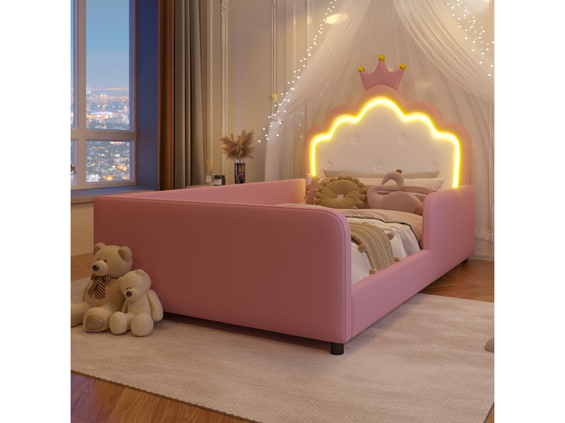Lit enfant rembourré 90x190 cm sans matelas, design princesse en forme de couronne, barrière de sécurité et bande led, mdf et pu, rose Sol Morn - Conforama E