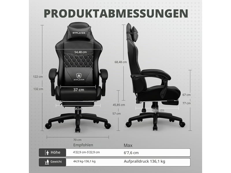 Gtplayer chaise de jeu avec double dossier, repose-pieds, housse amovible, 150kg, réglable - noir GTP100-BLACK - Conforama C