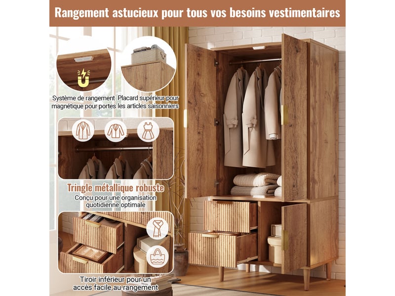  Armoire moderne, avec façades rainurées (effet 3d), 3 portes et 2 tiroirs,80 x 50 x 177 cm, finition chêne  - Conforama E