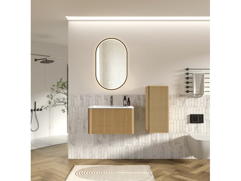Meuble sous vasque suspendu avec lavabo, colonne et miroir led réglable antibuée pour salle de bain, chêne - Conforama B