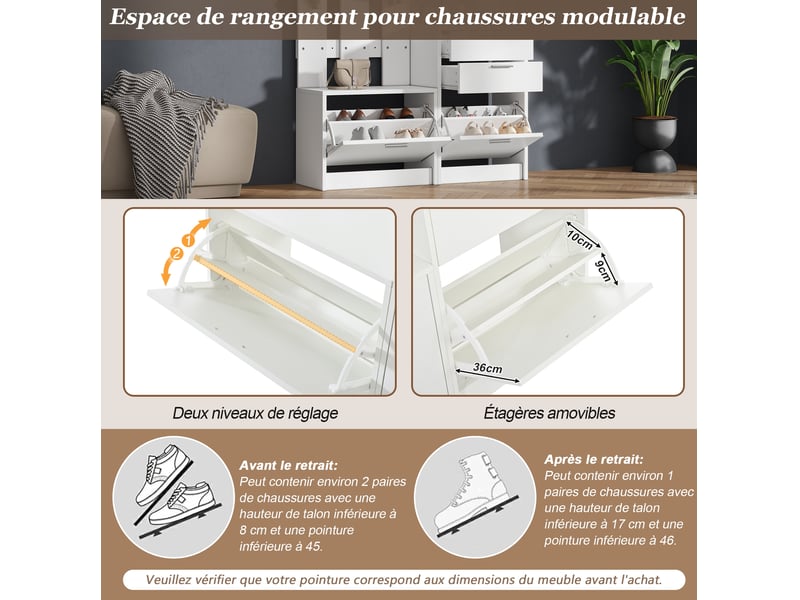  Meuble d'entrée avec miroir, 2 tiroirs, 2 range-chaussures basculants et 3 crochets, blanc, 110 × 34 × 185 cm  - Conforama E