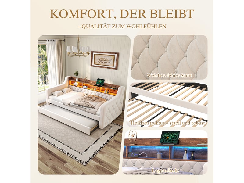  Lit gigogne 90x190 cm - canapé-lit avec rangement - led et usb-c - idéal petit appartement - velours - beige  - Conforama D