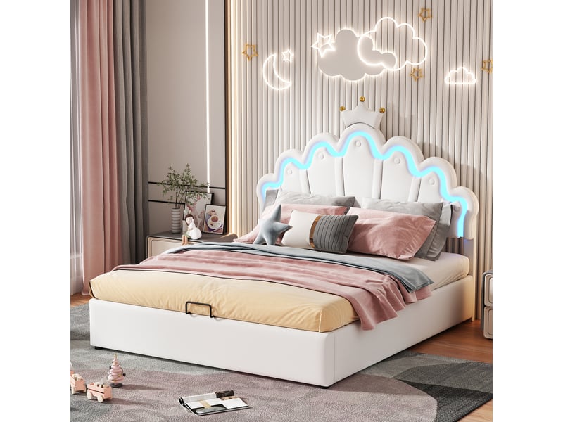 Lit coffre 140x200 cm - lit enfant capitonné avec éclairage led d’ambiance, structure robuste en mdf et métal, revêtement similicuir, blanc - Conforama E