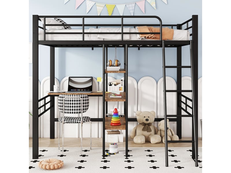  Lit mezzanine enfant 90 x 200 cm avec bureau et étagères, structure en métal noir, échelle et garde-corps  - Conforama E