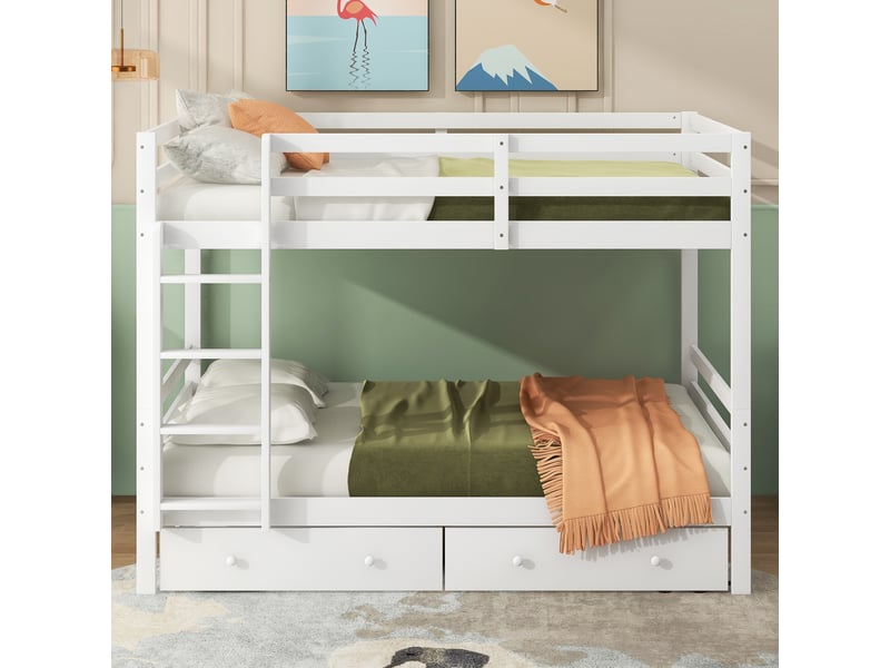  Lit superposé 140x200 en bois massif blanc, lit enfant avec tiroirs et barrières de sécurité, gain de place pour chambre  - Conforama D