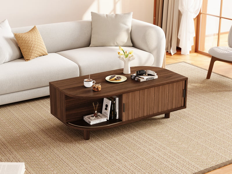 Table basse 100x50x35 cm couleur noyer en mdf et panneau de particules avec 2 portes coulissantes rangement 4 pieds en bois evarich - Conforama D