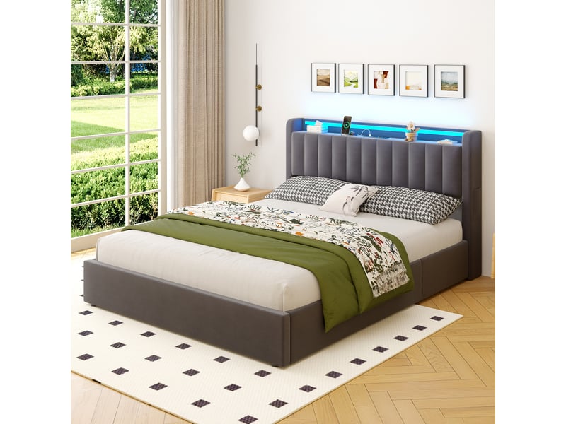  Lit coffre ulevr 160x200 cm avec led et port usb, cadre rembourré en velours gris foncé  - Conforama D