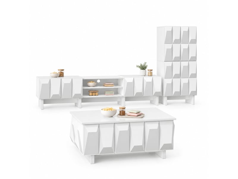  Ensemble de meubles de salon 3 pièces avec façades 3d et rangement en panneaux de particules blanc  - Conforama A