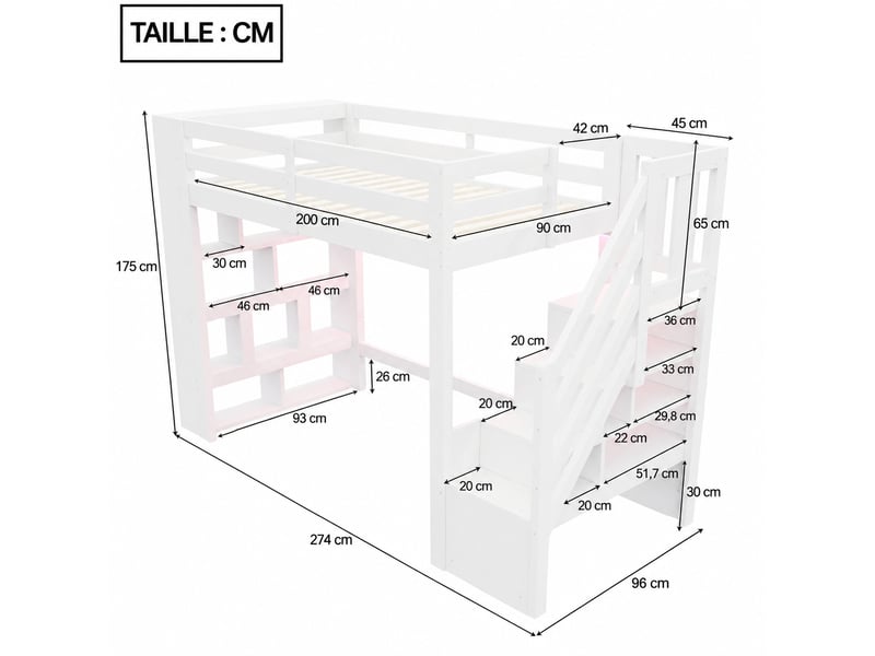  Lit mezzanine en bois 90 x 200 cm avec rangements et led, blanc  - Conforama C
